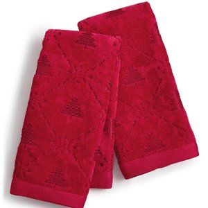 Martha Stewart Snow Winter Christmas Tree Cotton 2-Pc. Fingertip Towel Set - Red